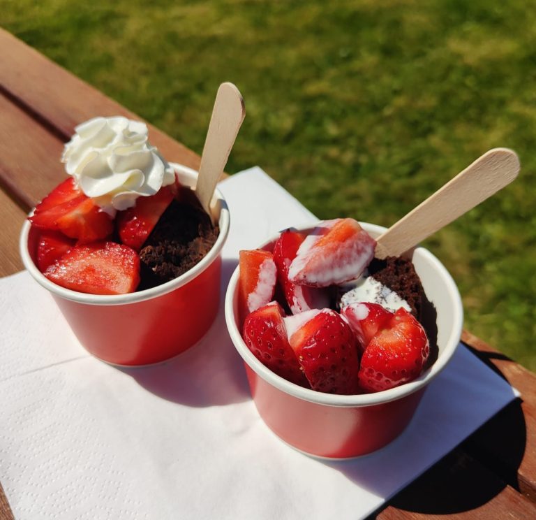 Strawberry with chocolate brownies delicious from candy buffet