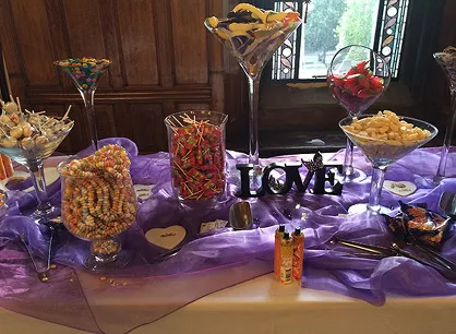Candy buffet table with sweets in glass jars